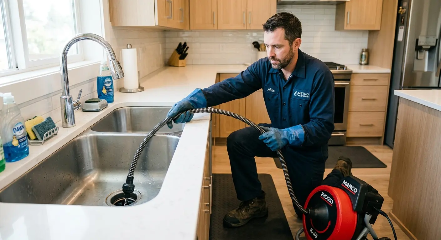 Drain cleaning technician using a motorized snake on a kitchen sink in Bel Aire
