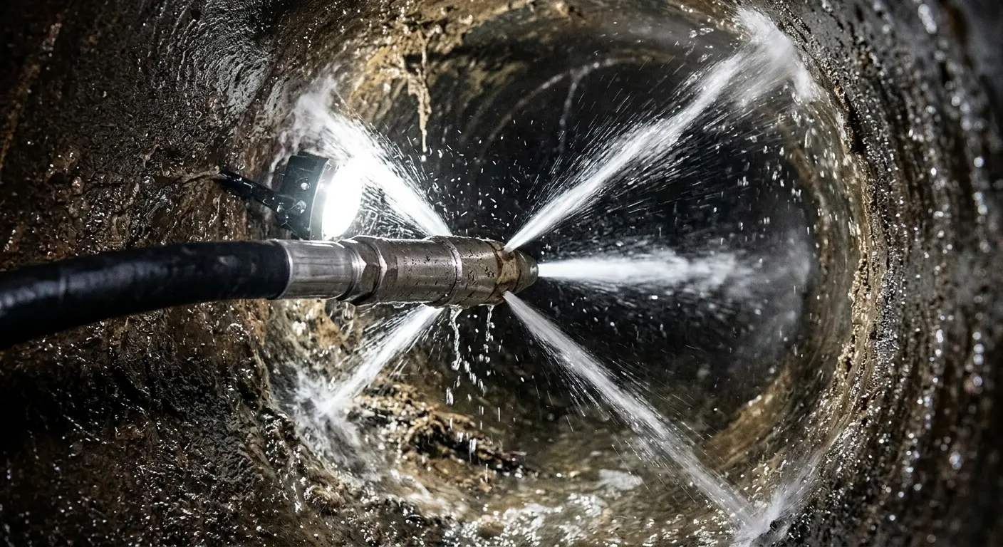High-pressure hydro jetting nozzle cleaning sewer pipe for Trenchless Sewer Repair in Bel Aire