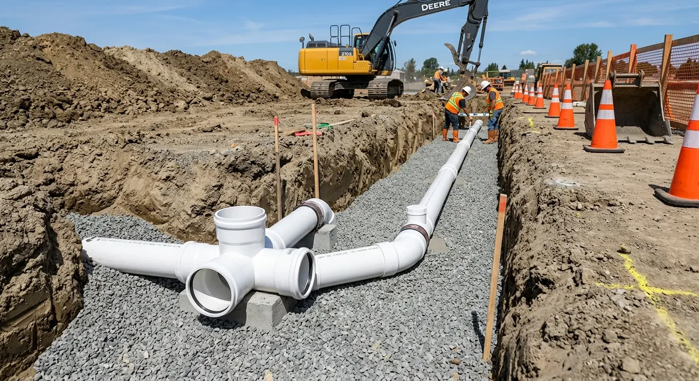 New PVC sewer pipe installation in open trench for Sewer Backup in Bel Aire