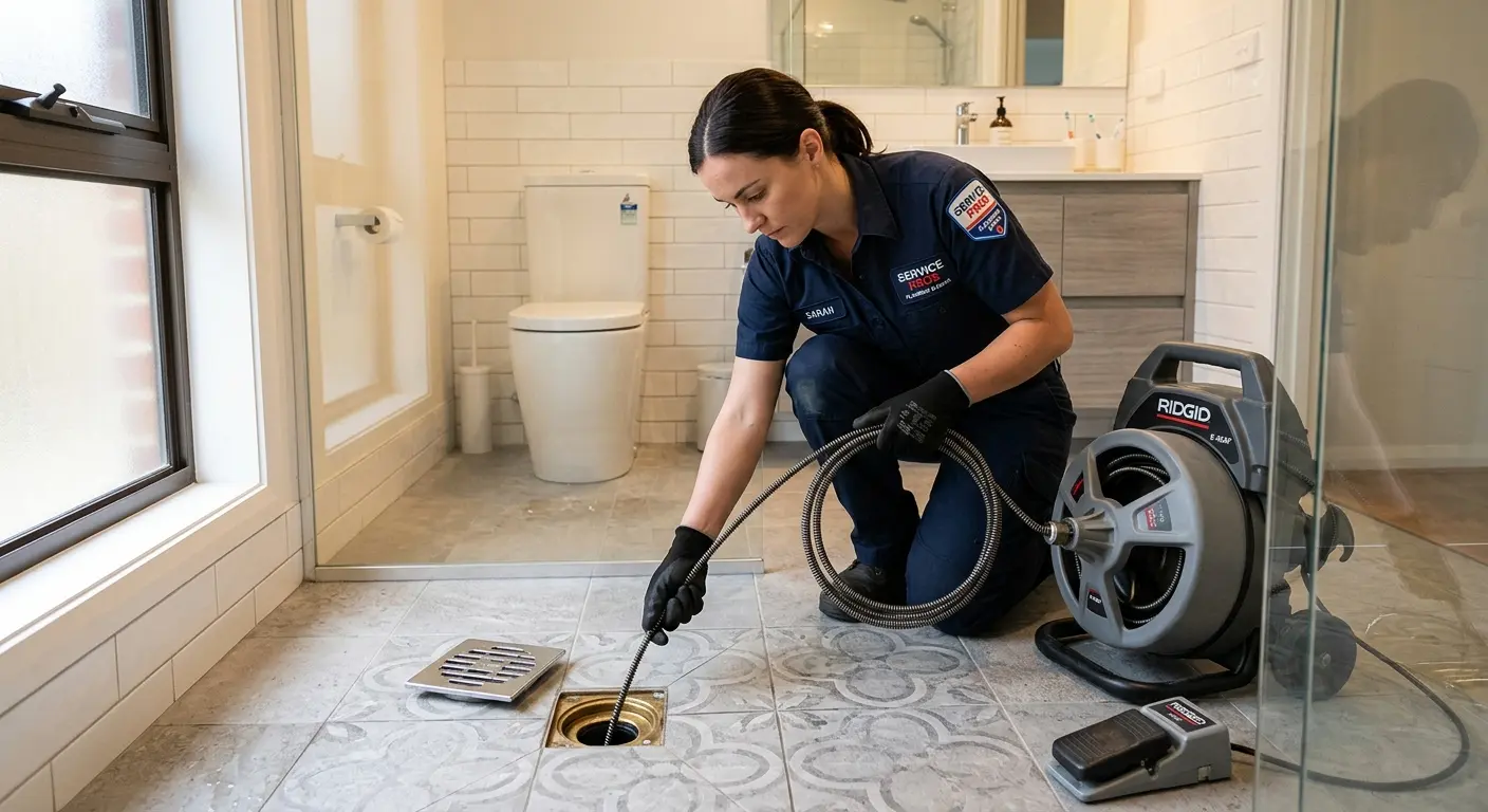 Technician clearing a bathroom floor drain for Clogged Drain Repair in Bel Aire